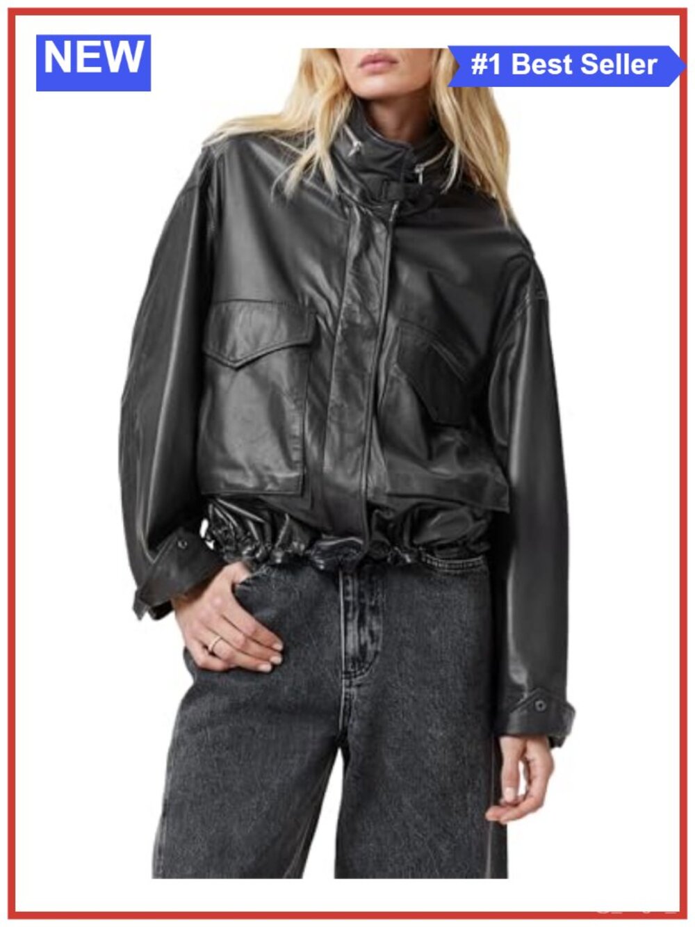 Cropped Leather Jacket Funnel Neck Zip Closure Drawcord Hem
